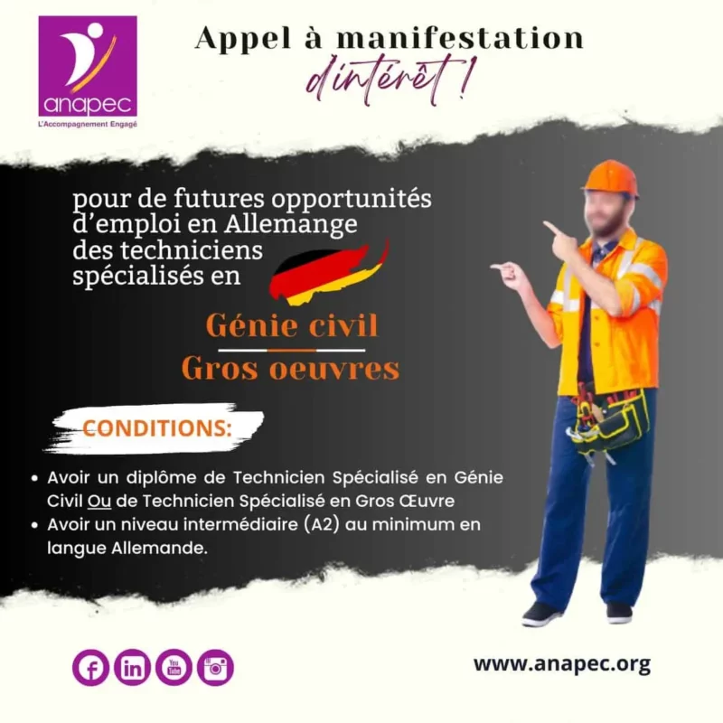 Anapec recrute des Techniciens Genie Civil ou Gros OEuvre en Allemagne
