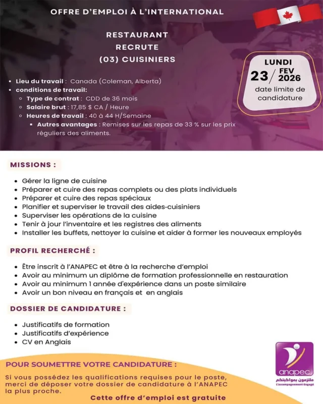 emploi canada maroc restauration anapec 2