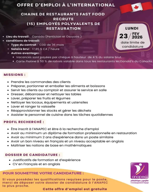 emploi canada maroc restauration anapec