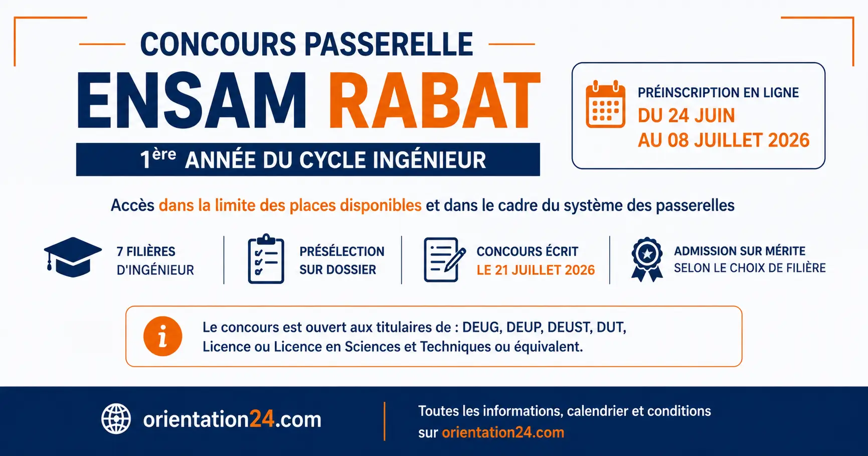 Concours Passerelle ENSAM Rabat 2026-2027 : 1ère année du cycle ingénieur, filières et calendrier