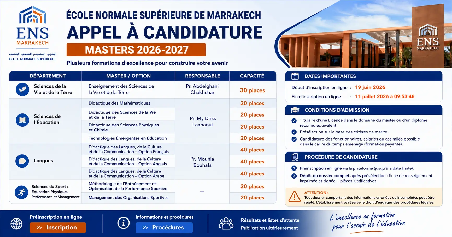 Inscription Masters ENS Marrakech 2026-2027 : Appel à candidature, filières ouvertes et dates d’inscription